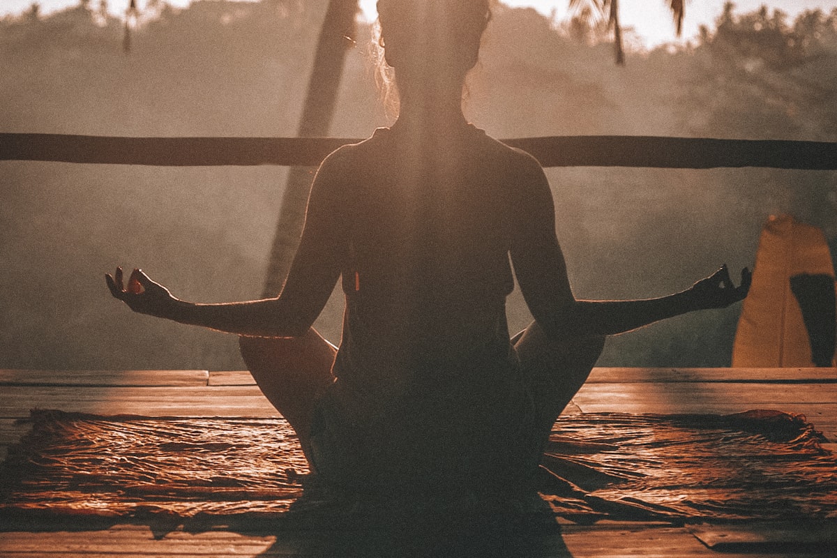 Person meditating peacefully in morning sunlight with plants
