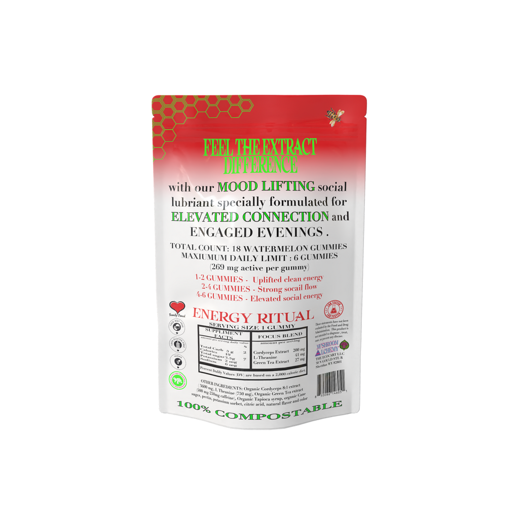 Mushroom Alchemy Social Gummy Awaken Energy Ritual back packaging with ingredients and dosing guide