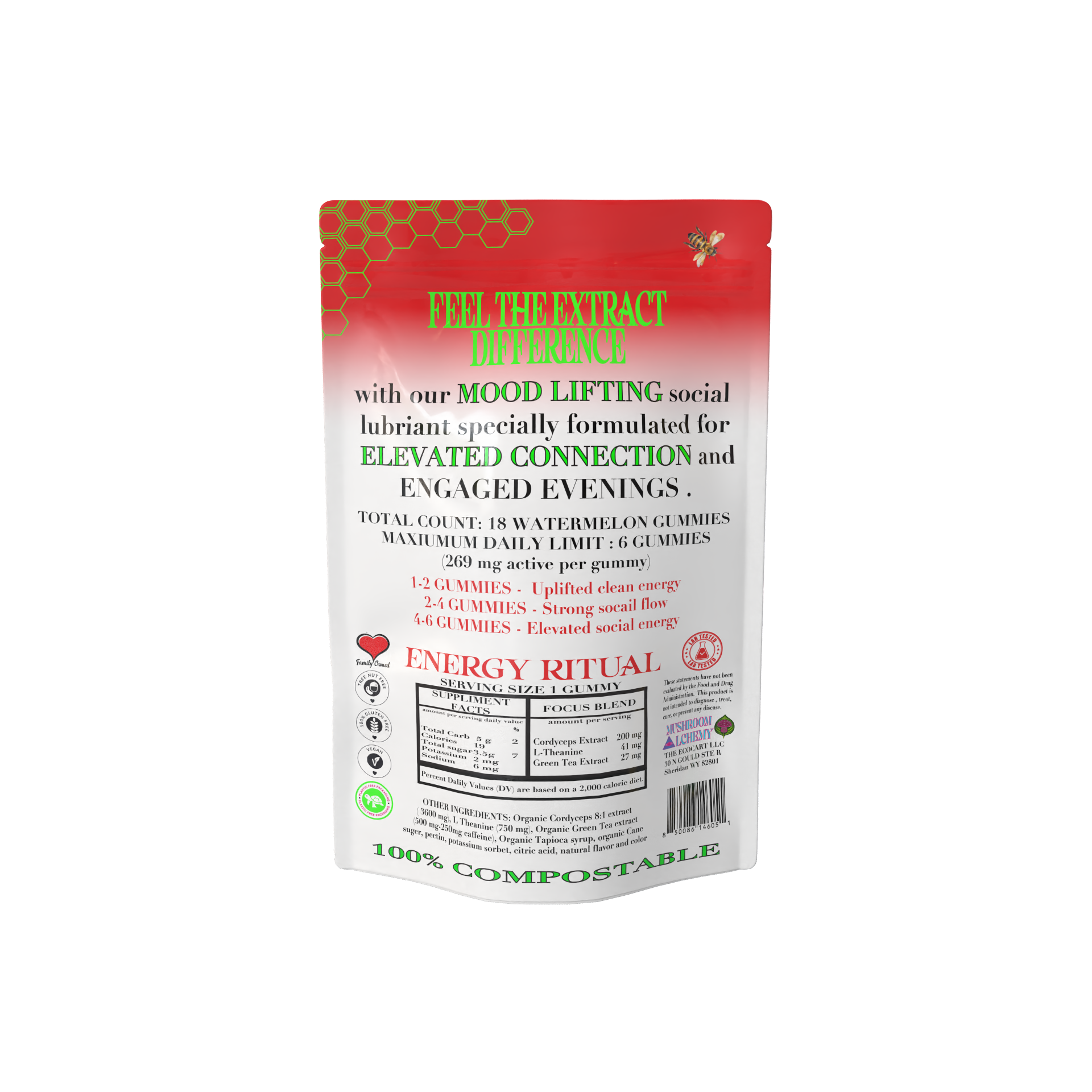 Mushroom Alchemy Social Gummy Awaken Energy Ritual back packaging with ingredients and dosing guide