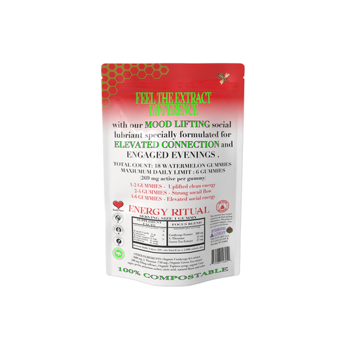 Mushroom Alchemy Social Gummy Awaken Energy Ritual back packaging with ingredients and dosing guide
