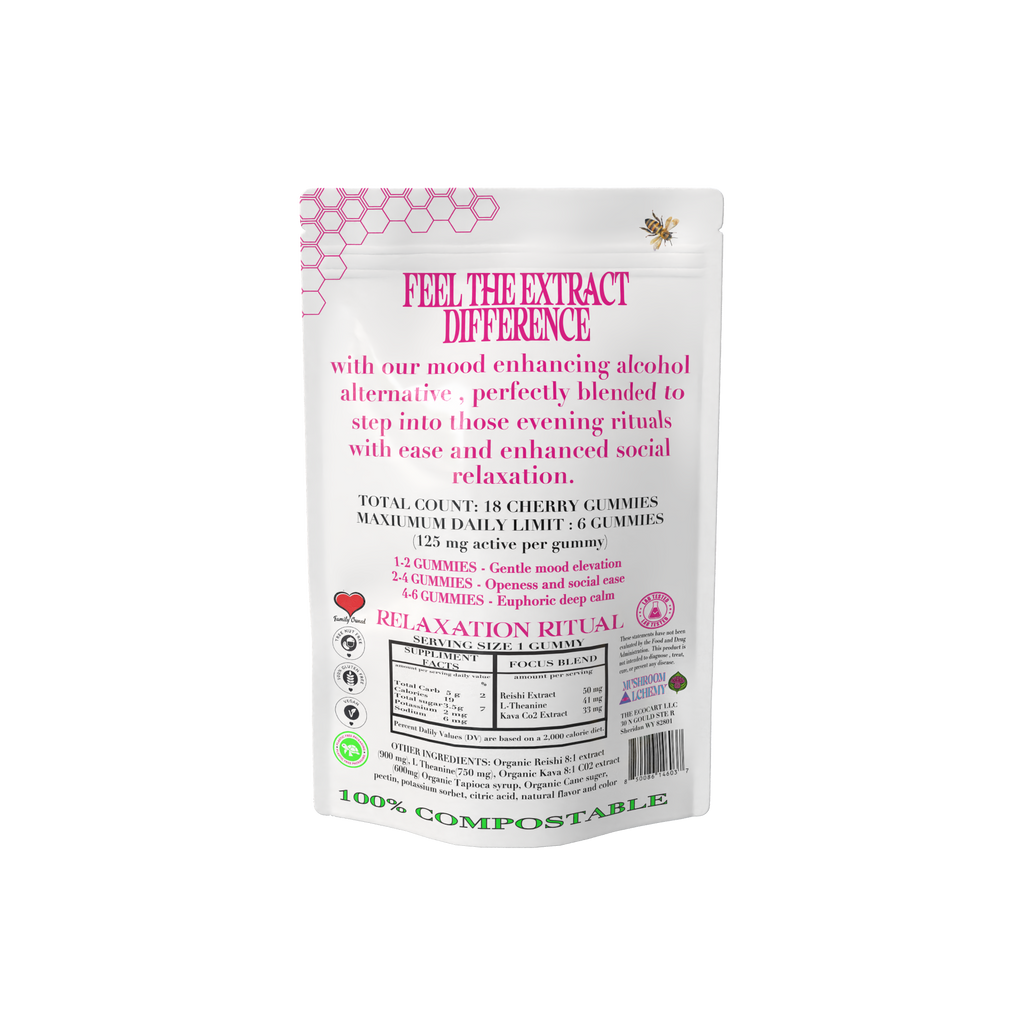Mushroom Alchemy Social Gummy Bliss Relaxation Ritual back packaging with ingredients and dosing guide