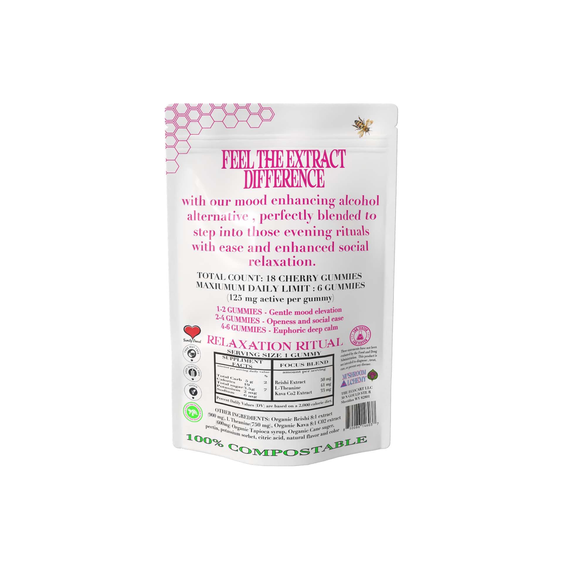 Mushroom Alchemy Social Gummy Bliss Relaxation Ritual back packaging with ingredients and dosing guide