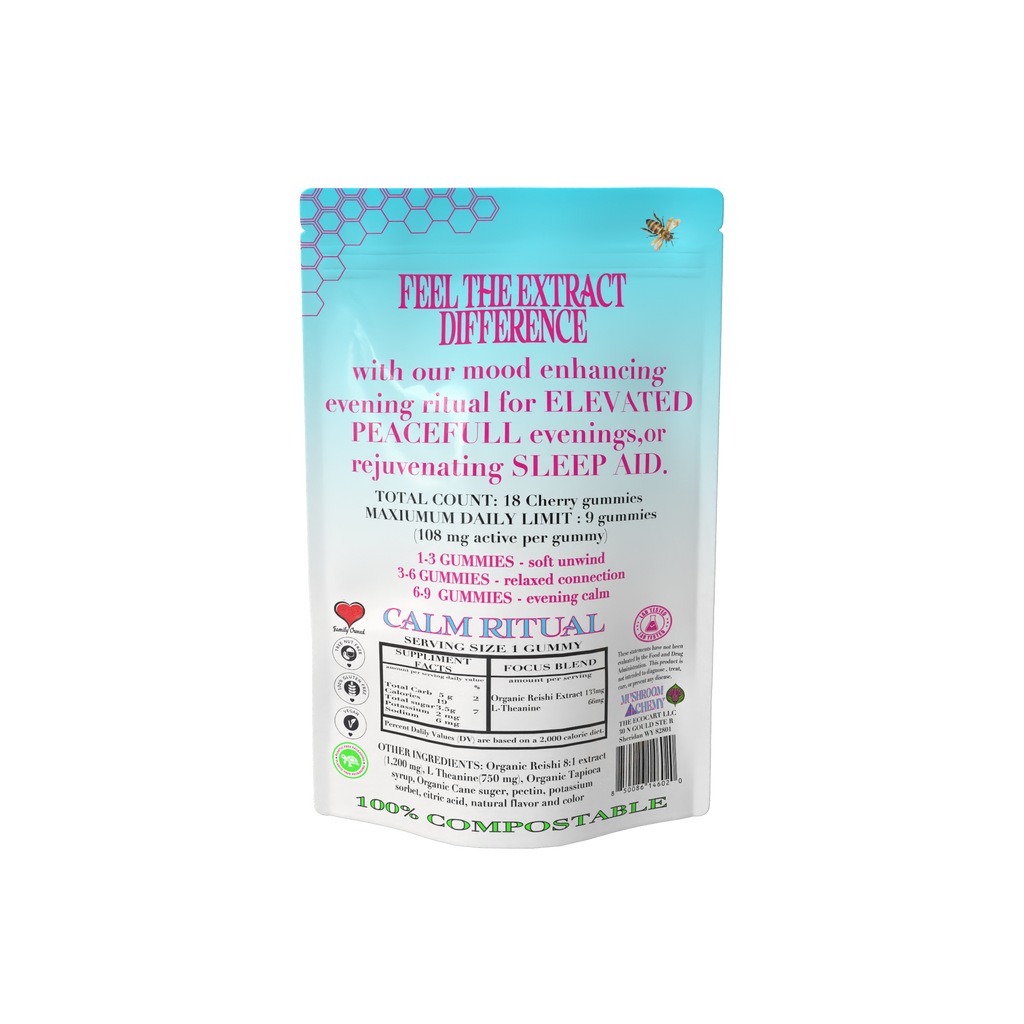 Mushroom Alchemy Social Gummy Calm Ritual back packaging with ingredients and dosing guide