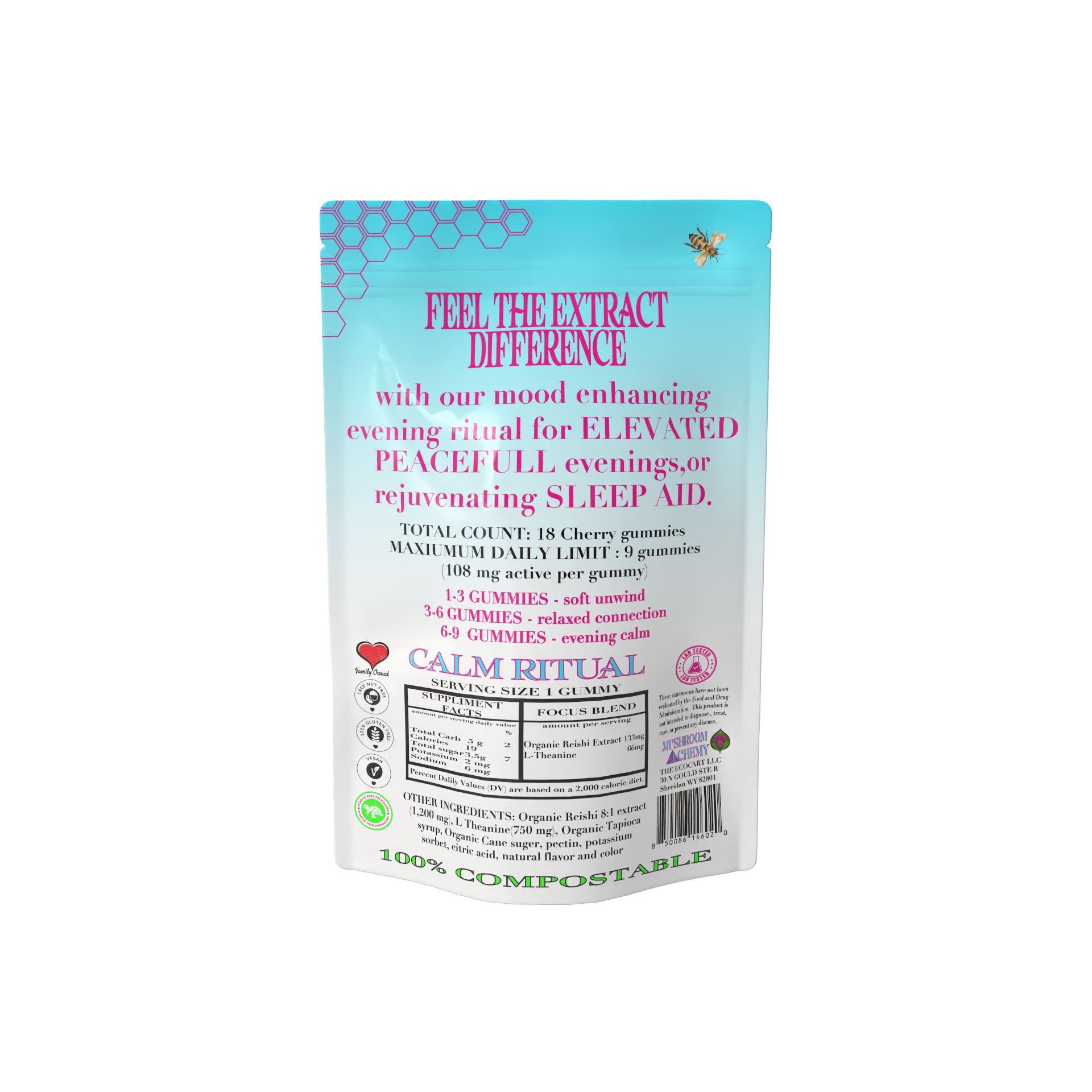 Mushroom Alchemy Social Gummy Calm Ritual back packaging with ingredients and dosing guide