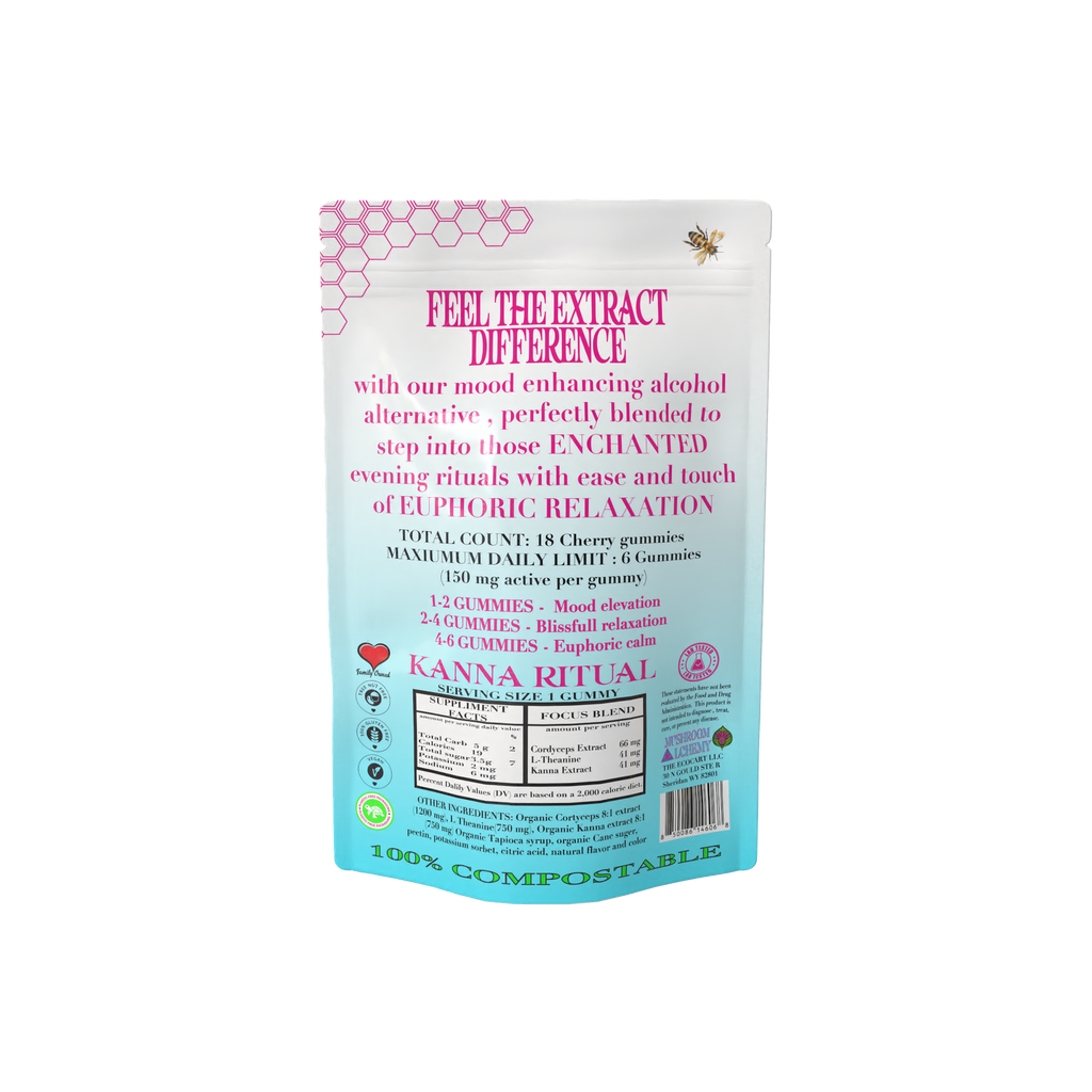Mushroom Alchemy Social Gummy Euphoria Relaxation Ritual back packaging with ingredients and dosing guide