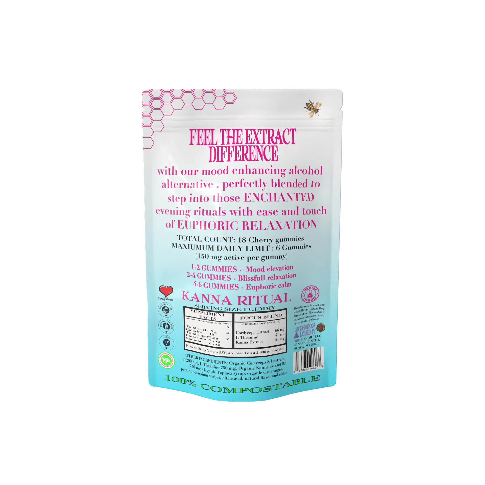 Mushroom Alchemy Social Gummy Euphoria Relaxation Ritual back packaging with ingredients and dosing guide