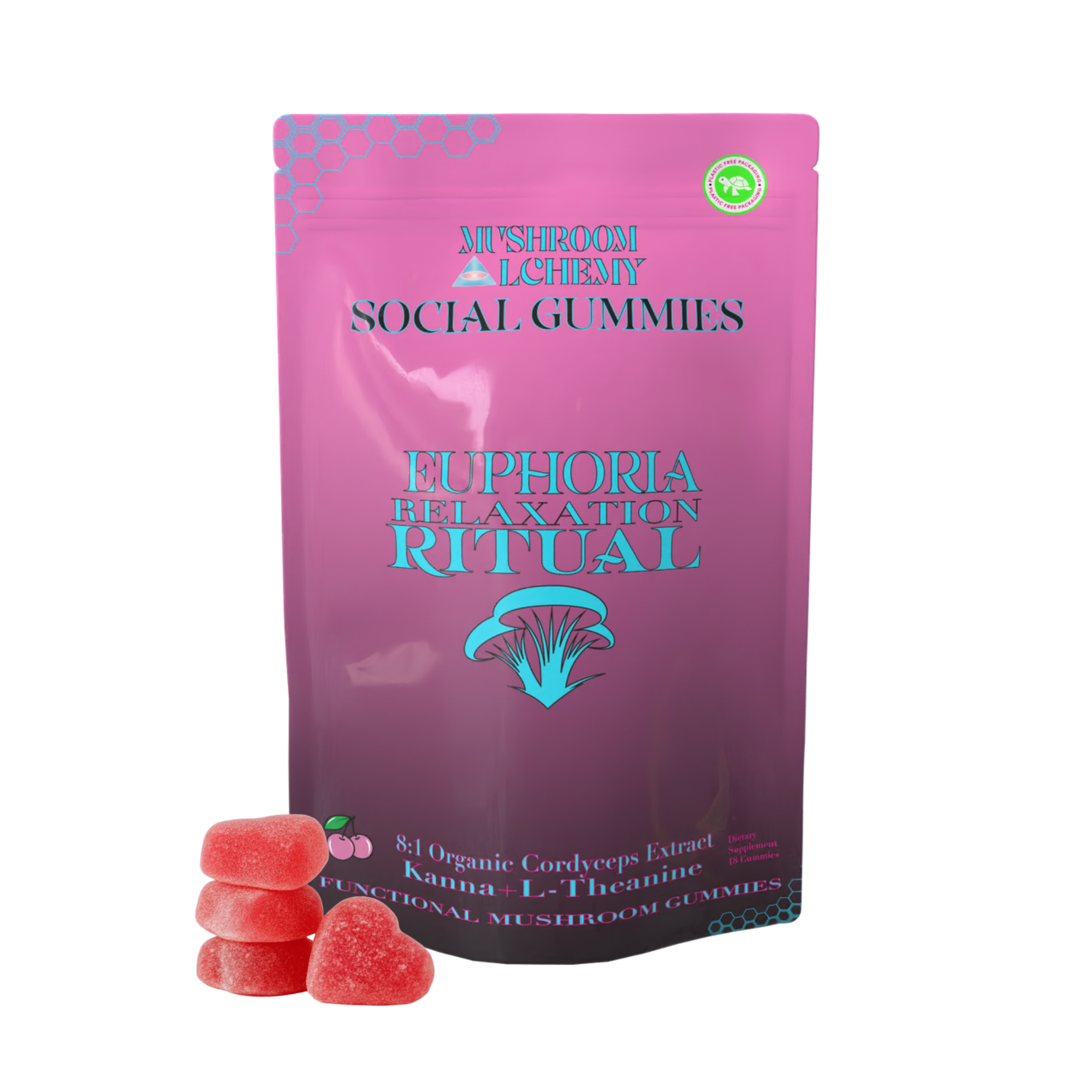 Mushroom Alchemy Social Gummy Euphoria Relaxation Ritual front packaging with Reishi and Kava extract