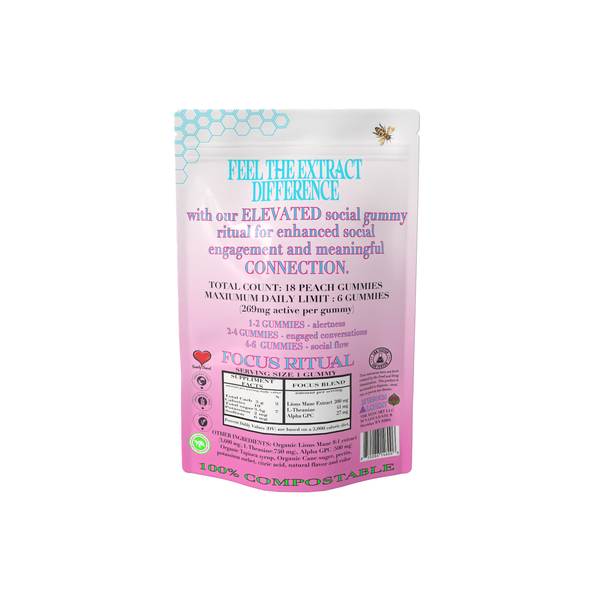 Mushroom Alchemy Social Gummy Focus Ritual back packaging with ingredients and dosing guide