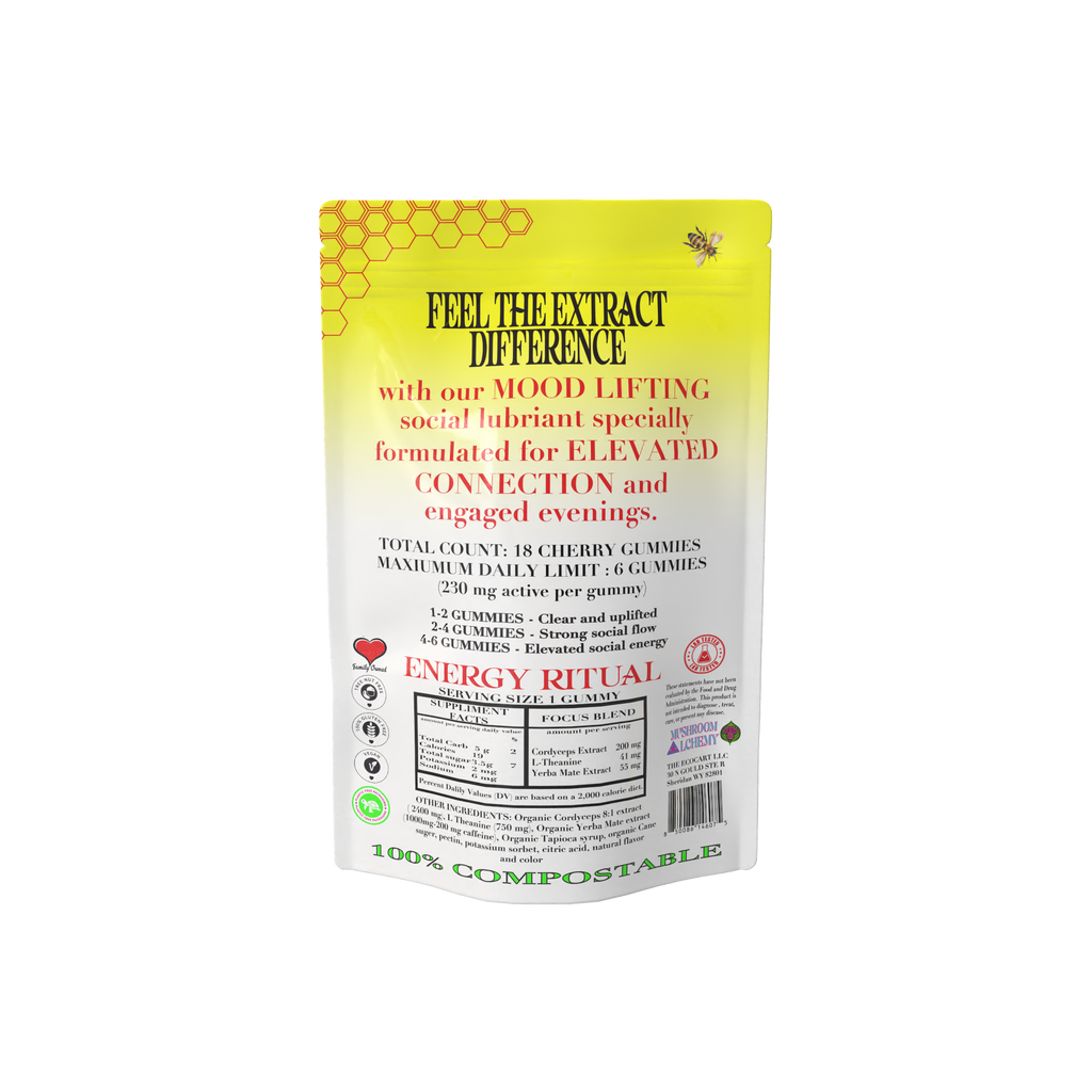 Mushroom Alchemy Social Gummy Yerba Mate Energy Ritual back packaging with ingredients and dosing guide