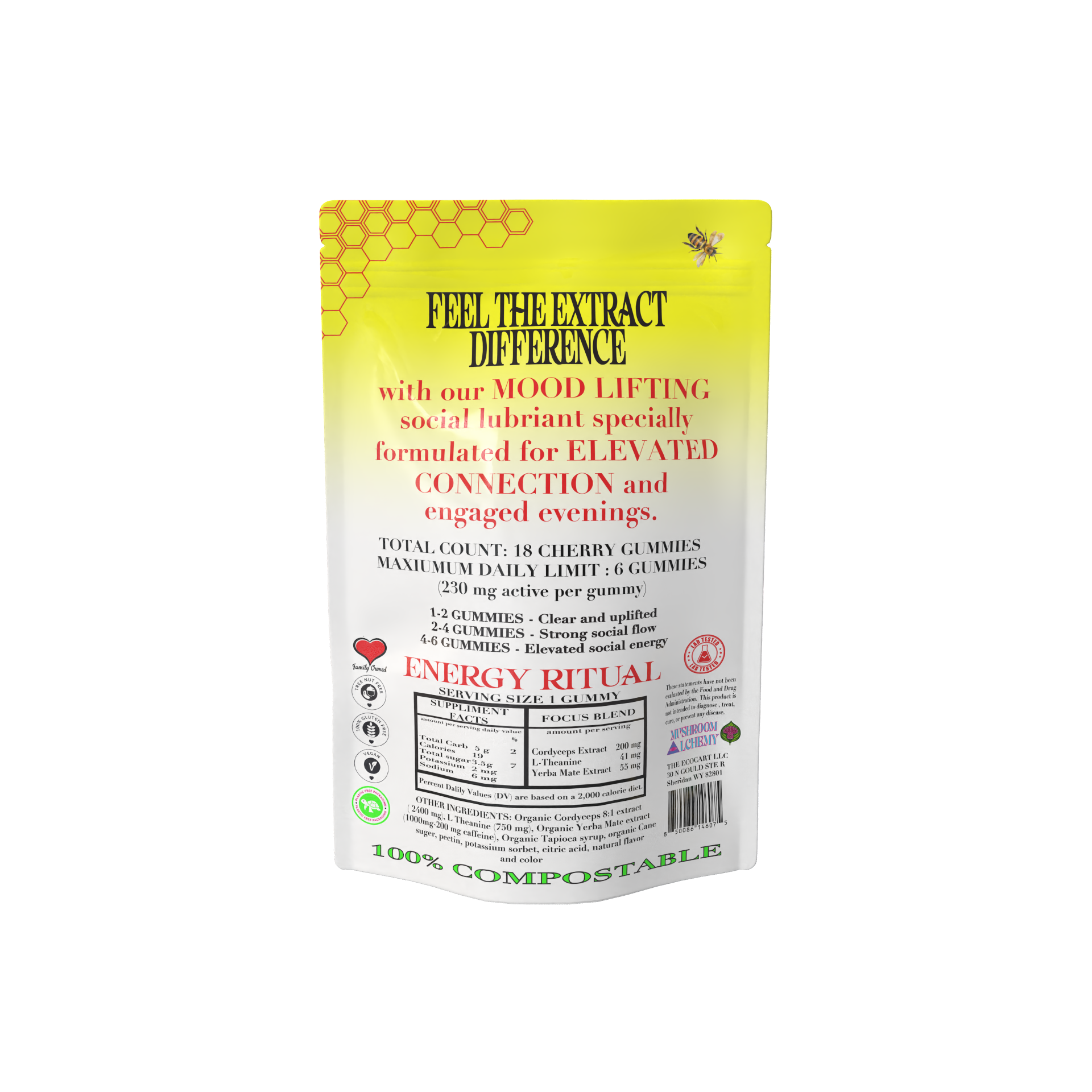 Mushroom Alchemy Social Gummy Yerba Mate Energy Ritual back packaging with ingredients and dosing guide