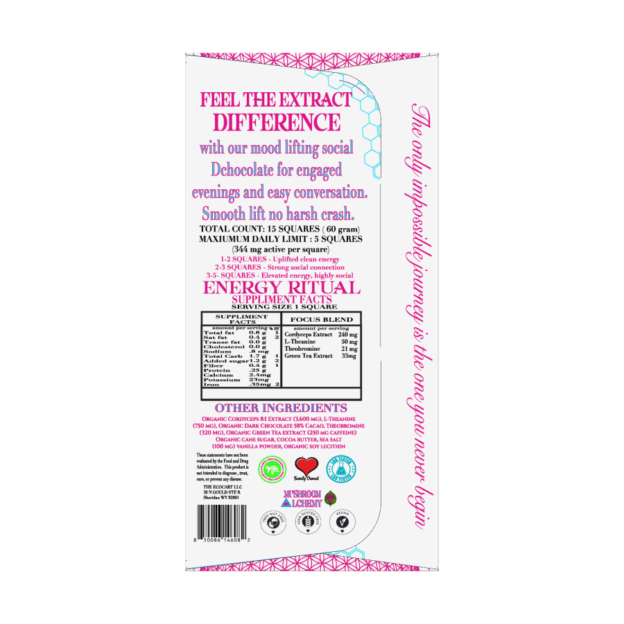 Mushroom Alchemy Social Chocolate Awaken Energy Ritual back packaging with ingredients and dosing guide