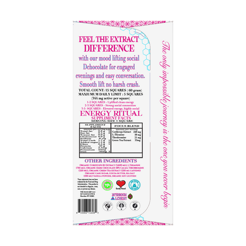 Mushroom Alchemy Social Chocolate Awaken Energy Ritual back packaging with ingredients and dosing guide