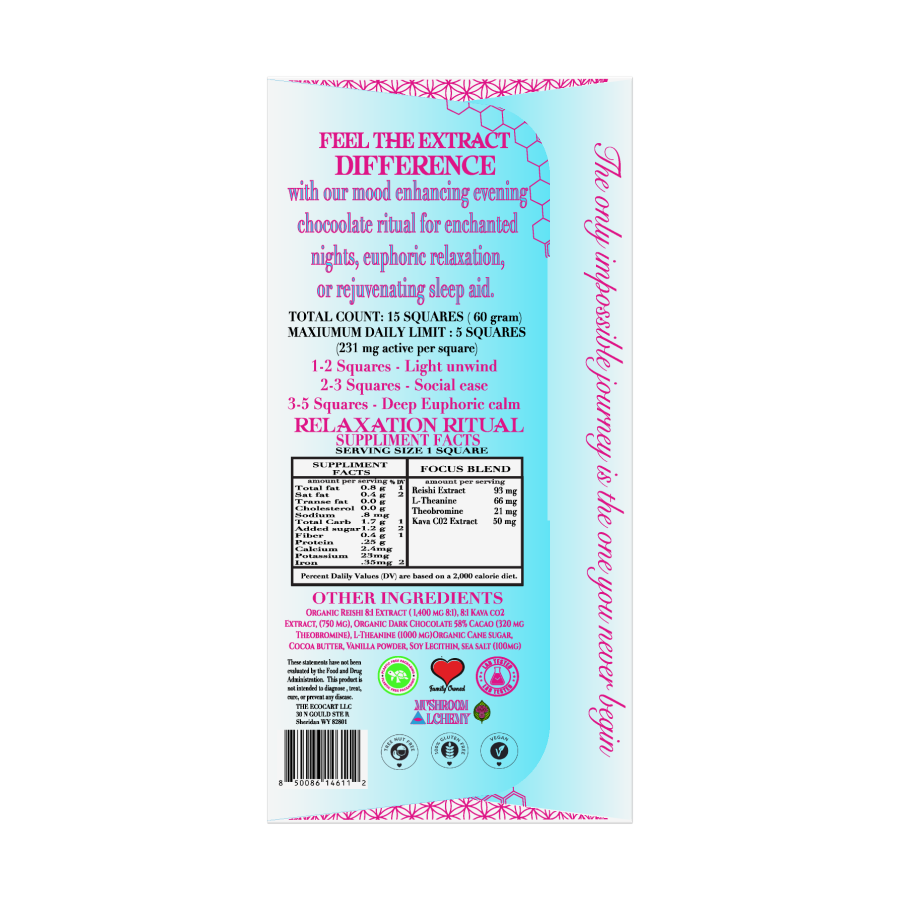 Mushroom Alchemy Social Chocolate Bliss Relaxation Ritual back packaging with ingredients and dosing guide