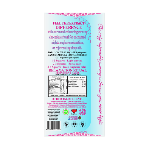 Mushroom Alchemy Social Chocolate Bliss Relaxation Ritual back packaging with ingredients and dosing guide