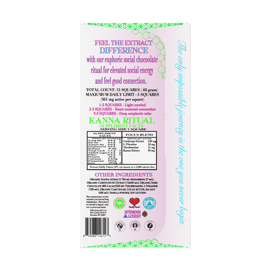 Mushroom Alchemy Social Chocolate Euphoria Relaxation Ritual back packaging with ingredients and dosing guide