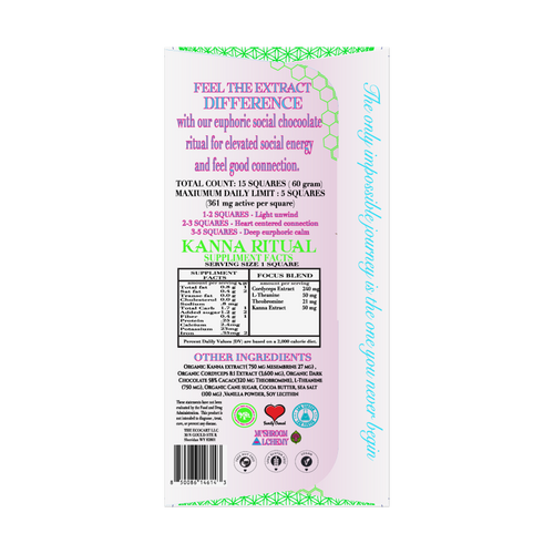 Mushroom Alchemy Social Chocolate Euphoria Relaxation Ritual back packaging with ingredients and dosing guide